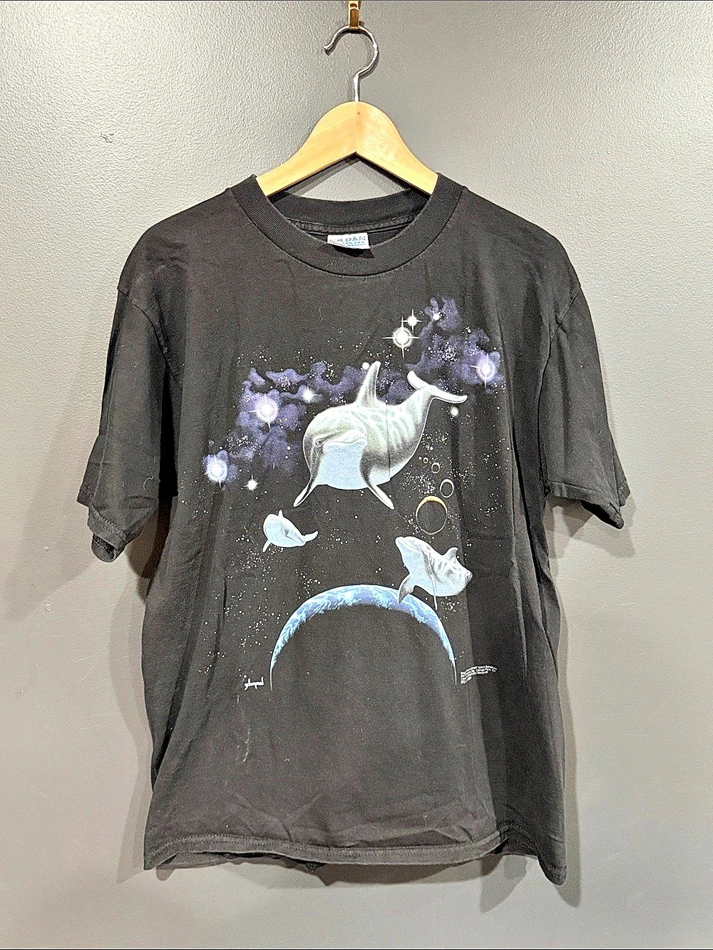 Gildan Schim Schimmel Star Born Dolphins Vintage T-Shirt Tee Black & Blue Large